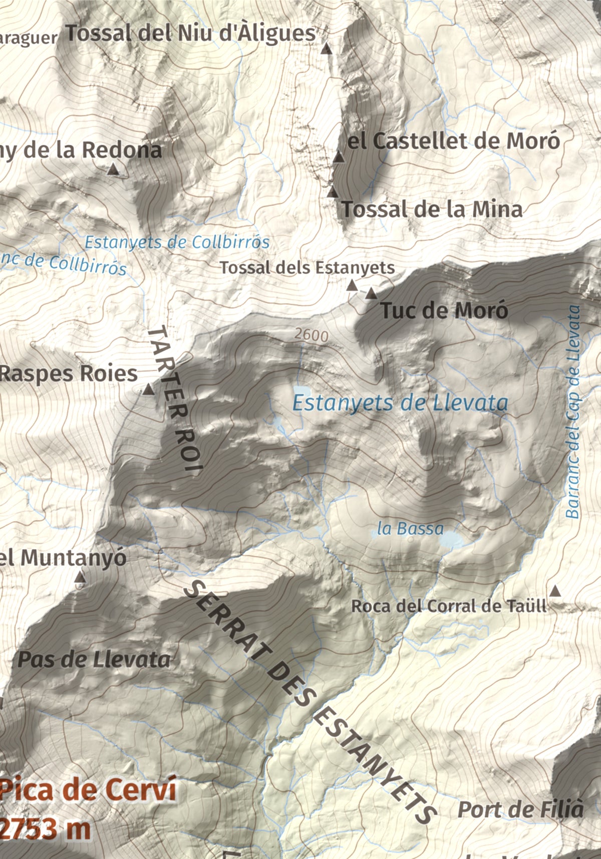 Mapa de relieve de Pica de Cerví, 2753 m, Pallars Jussà, lámina 100 Cims de Trobart. Detalle de la zona superior derecha. 21 × 30 cm.