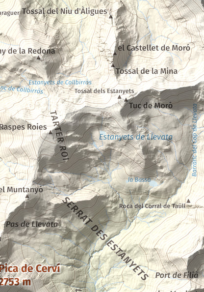 Mapa de relieve de Pica de Cerví, 2753 m, Pallars Jussà, lámina 100 Cims de Trobart. Detalle de la zona superior derecha. 21 × 30 cm.
