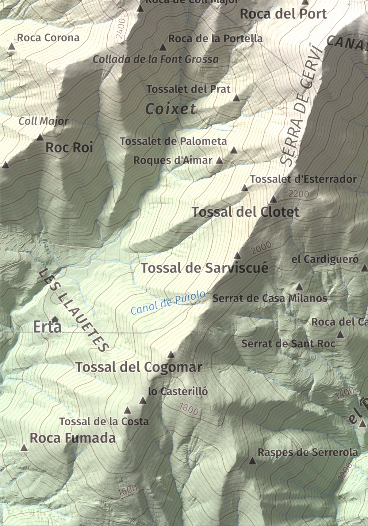 Mapa de relieve de Pica de Cerví, 2753 m, Pallars Jussà, lámina 100 Cims de Trobart. Detalle de la zona inferior izquierda. 21 × 30 cm.