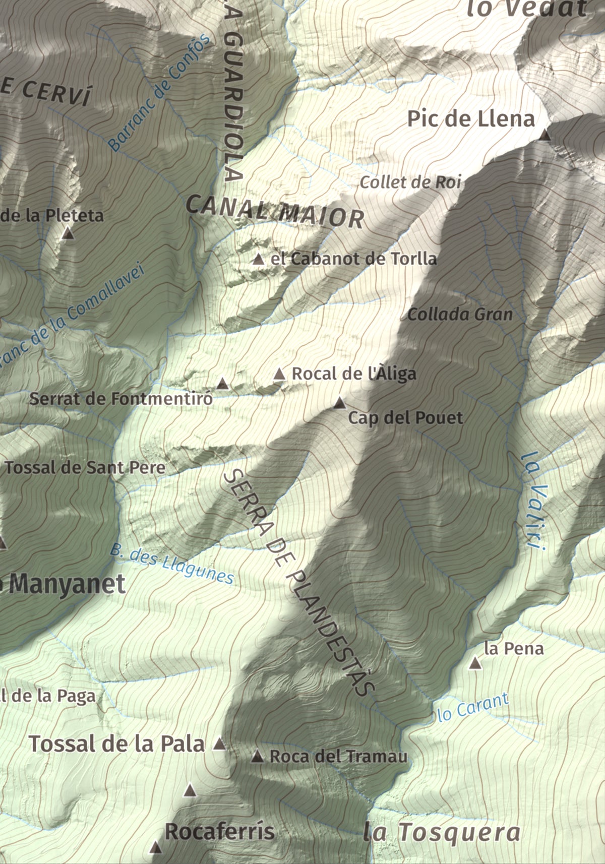 Mapa de relieve de Pica de Cerví, 2753 m, Pallars Jussà, lámina 100 Cims de Trobart. Detalle de la zona inferior derecha. 21 × 30 cm.