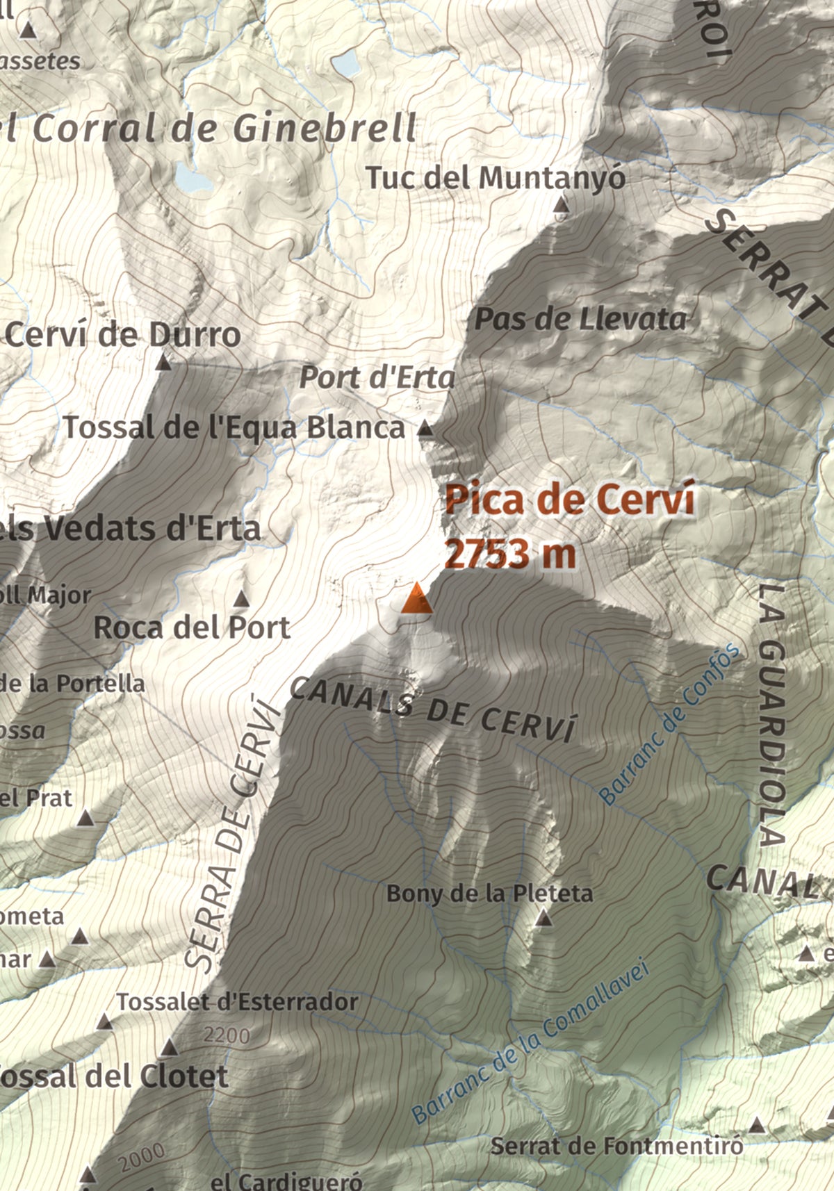 Mapa de relieve de Pica de Cerví, 2753 m, Pallars Jussà, lámina 100 Cims de Trobart. Detalle de la zona central. 21 × 30 cm.