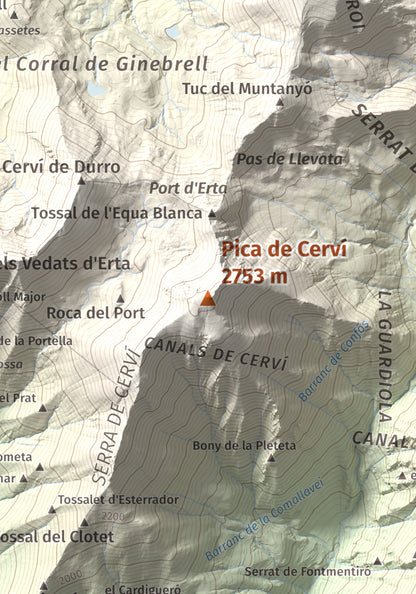 Mapa de relieve de Pica de Cerví, 2753 m, Pallars Jussà, lámina 100 Cims de Trobart. Detalle de la zona central. 21 × 30 cm.