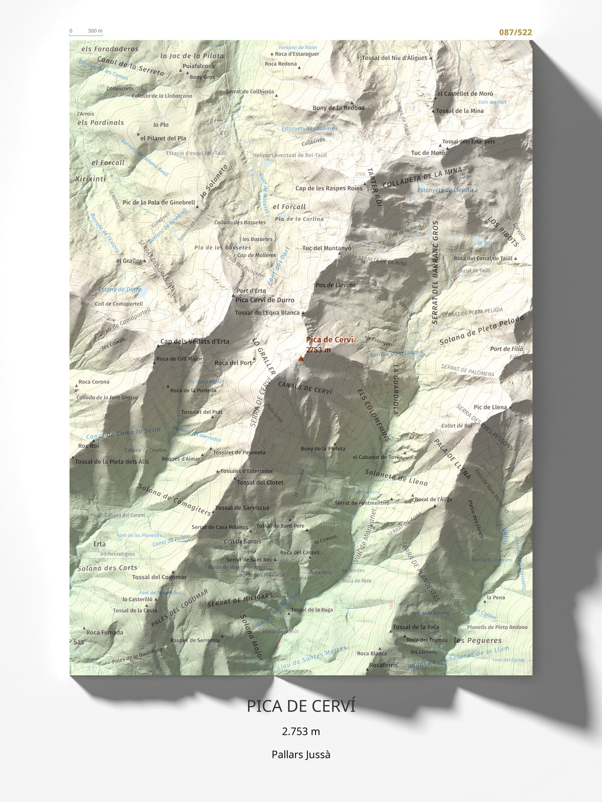 Mapa de relieve de Pica de Cerví, 2753 m, Pallars Jussà, lámina 100 Cims de Trobart 30 × 40 cm.