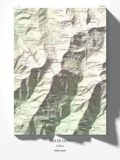 Mapa de relieve de Pica de Cerví, 2753 m, Pallars Jussà, lámina 100 Cims de Trobart 30 × 40 cm.