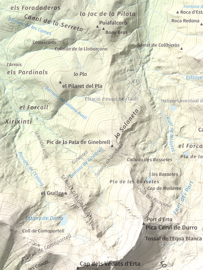 Mapa de relieve de Pica de Cerví, 2753 m, Pallars Jussà, lámina 100 Cims de Trobart. Detalle de la zona superior izquierda. 30 × 40 cm.