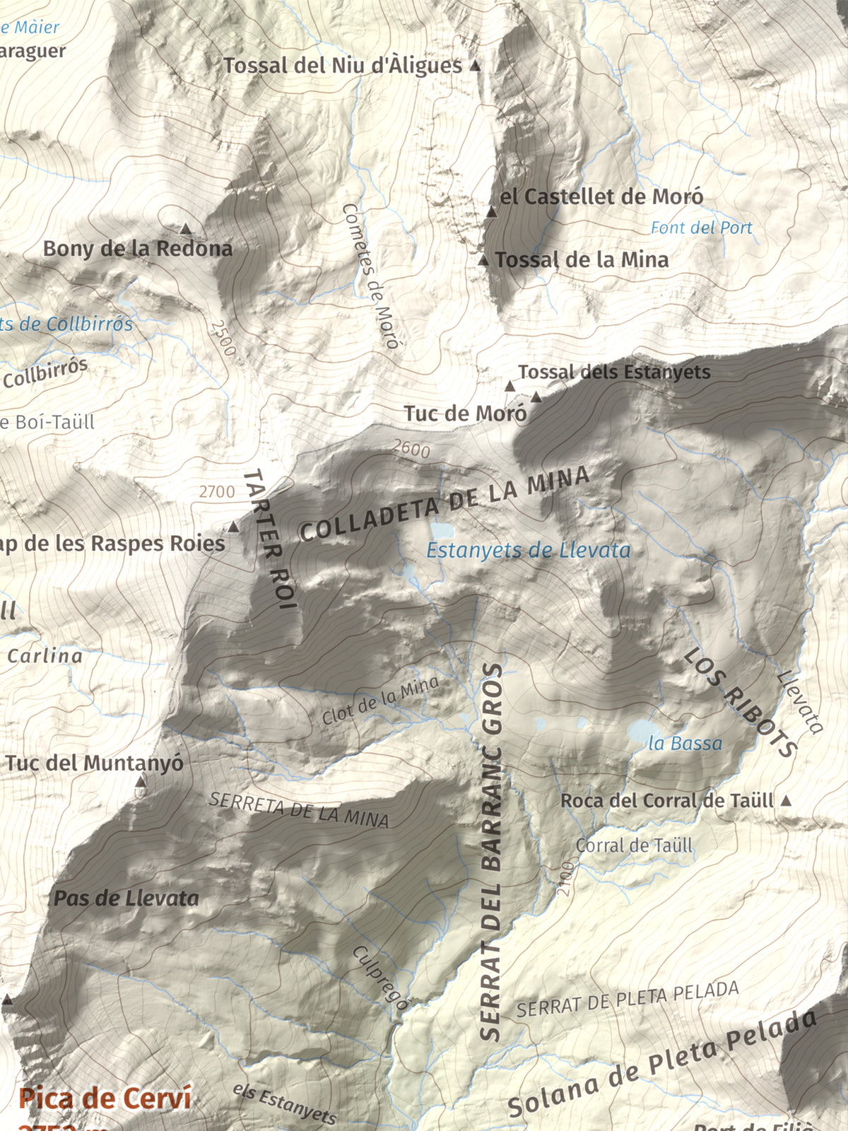 Mapa de relieve de Pica de Cerví, 2753 m, Pallars Jussà, lámina 100 Cims de Trobart. Detalle de la zona superior derecha. 30 × 40 cm.