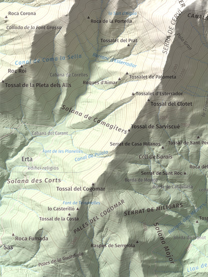 Mapa de relieve de Pica de Cerví, 2753 m, Pallars Jussà, lámina 100 Cims de Trobart. Detalle de la zona inferior izquierda. 30 × 40 cm.