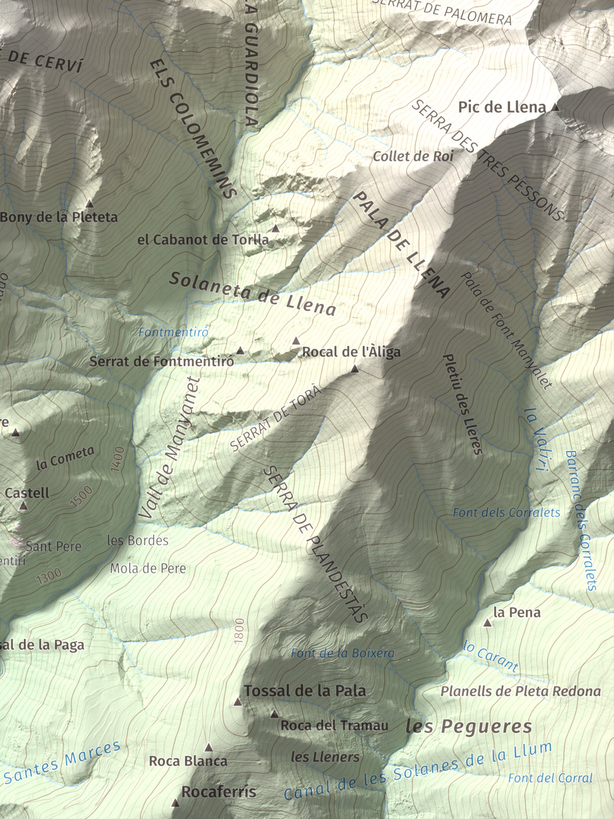 Mapa de relieve de Pica de Cerví, 2753 m, Pallars Jussà, lámina 100 Cims de Trobart. Detalle de la zona inferior derecha. 30 × 40 cm.