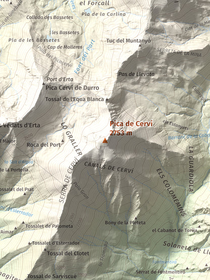 Mapa de relieve de Pica de Cerví, 2753 m, Pallars Jussà, lámina 100 Cims de Trobart. Detalle de la zona central. 30 × 40 cm.
