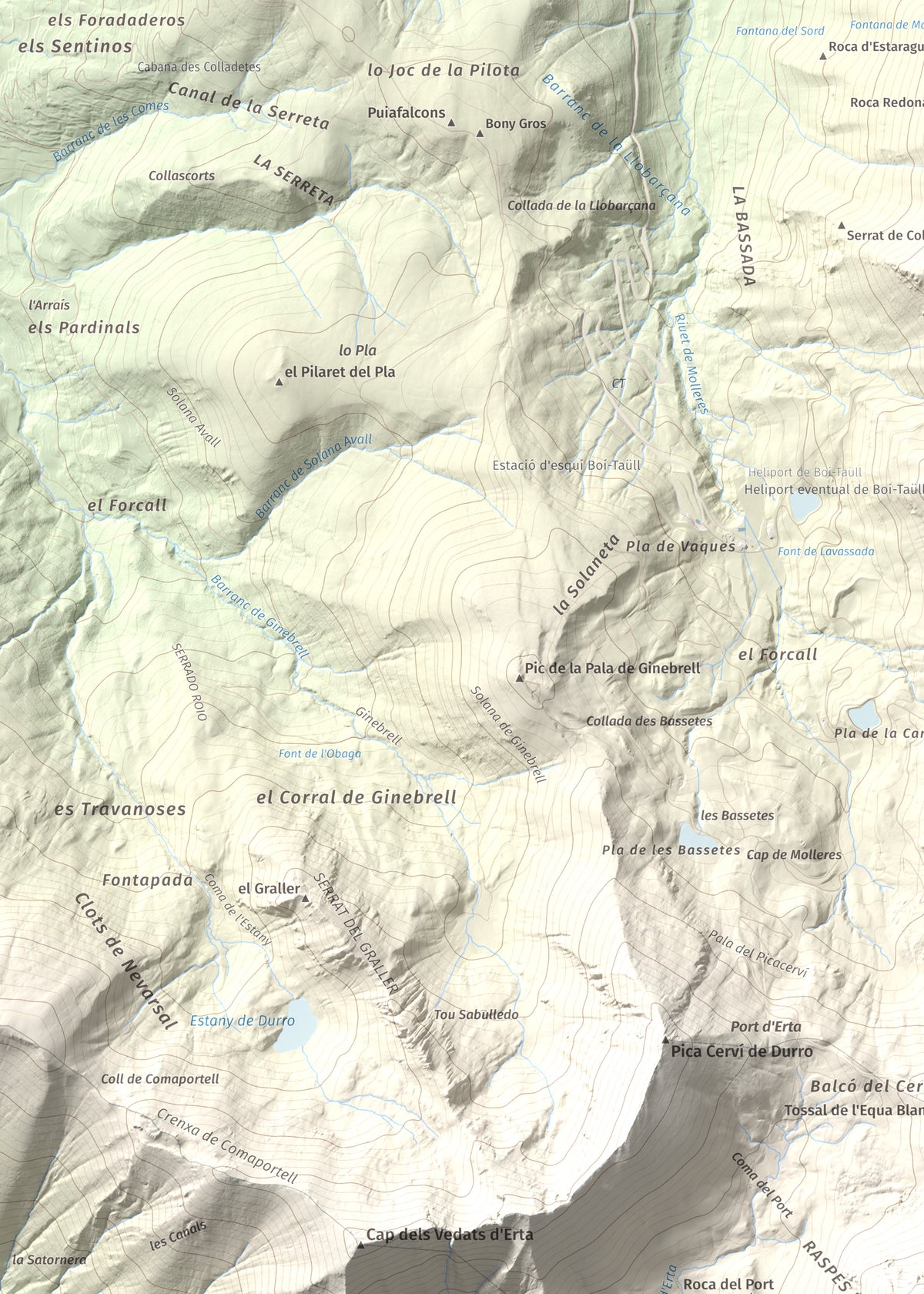 Mapa de relieve de Pica de Cerví, 2753 m, Pallars Jussà, lámina 100 Cims de Trobart. Detalle de la zona superior izquierda. 50 × 70 cm.
