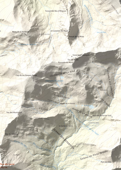 Mapa de relieve de Pica de Cerví, 2753 m, Pallars Jussà, lámina 100 Cims de Trobart. Detalle de la zona superior derecha. 50 × 70 cm.