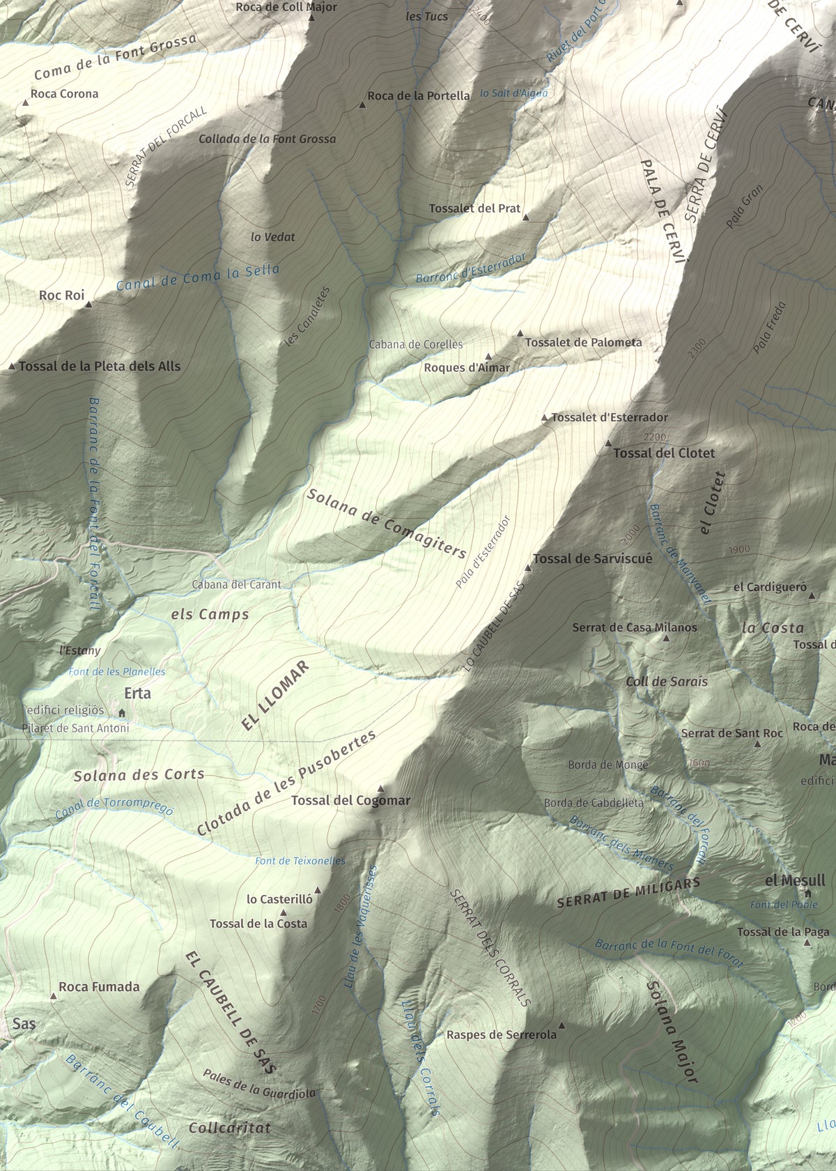 Mapa de relieve de Pica de Cerví, 2753 m, Pallars Jussà, lámina 100 Cims de Trobart. Detalle de la zona inferior izquierda. 50 × 70 cm.