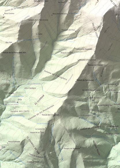 Mapa de relieve de Pica de Cerví, 2753 m, Pallars Jussà, lámina 100 Cims de Trobart. Detalle de la zona inferior izquierda. 50 × 70 cm.