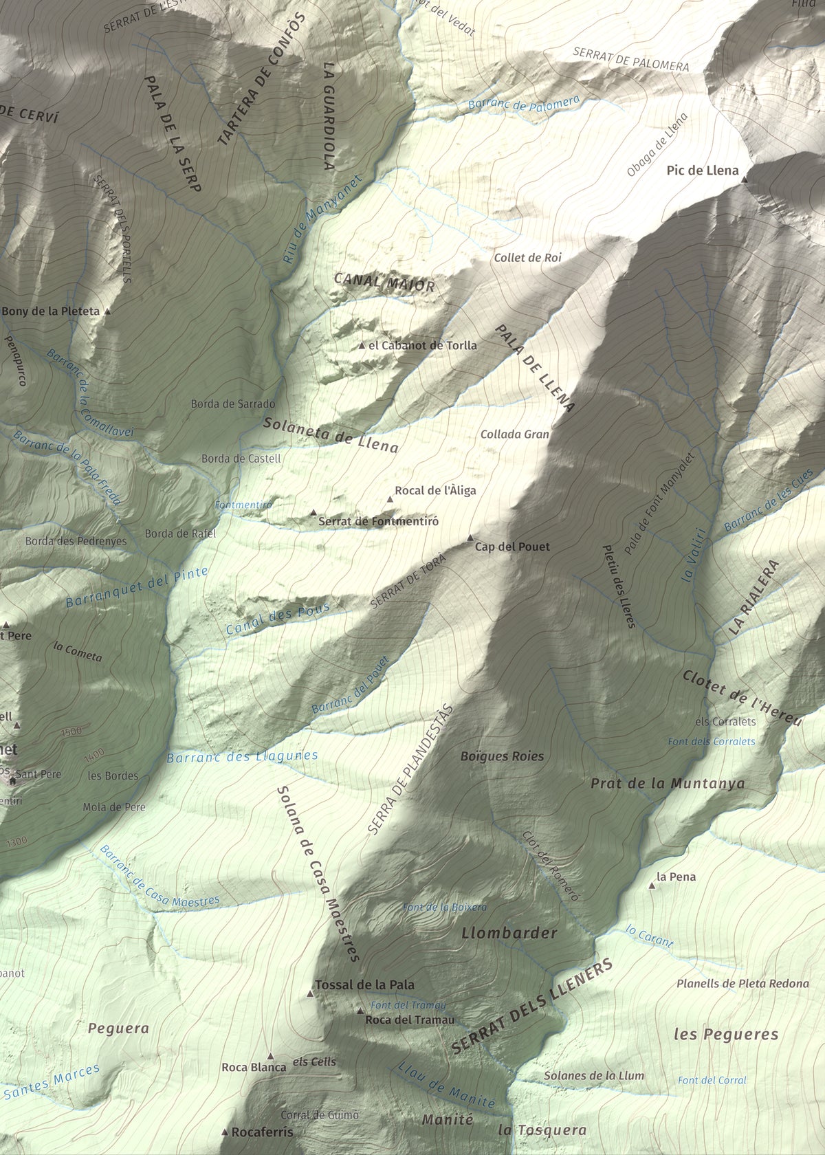 Mapa de relieve de Pica de Cerví, 2753 m, Pallars Jussà, lámina 100 Cims de Trobart. Detalle de la zona inferior derecha. 50 × 70 cm.