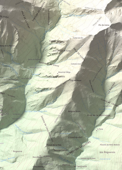 Mapa de relieve de Pica de Cerví, 2753 m, Pallars Jussà, lámina 100 Cims de Trobart. Detalle de la zona inferior derecha. 50 × 70 cm.