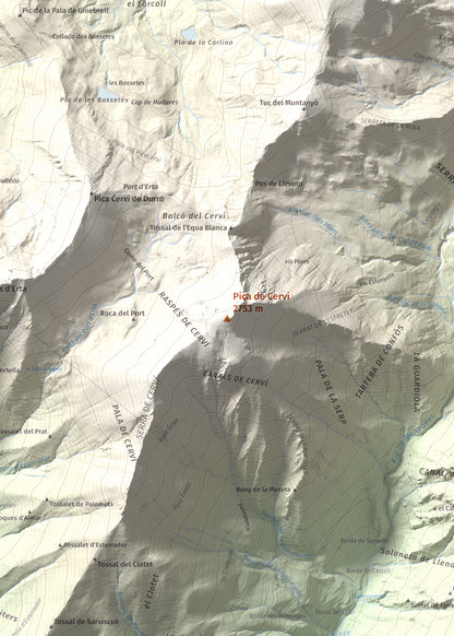 Mapa de relieve de Pica de Cerví, 2753 m, Pallars Jussà, lámina 100 Cims de Trobart. Detalle de la zona central. 50 × 70 cm.
