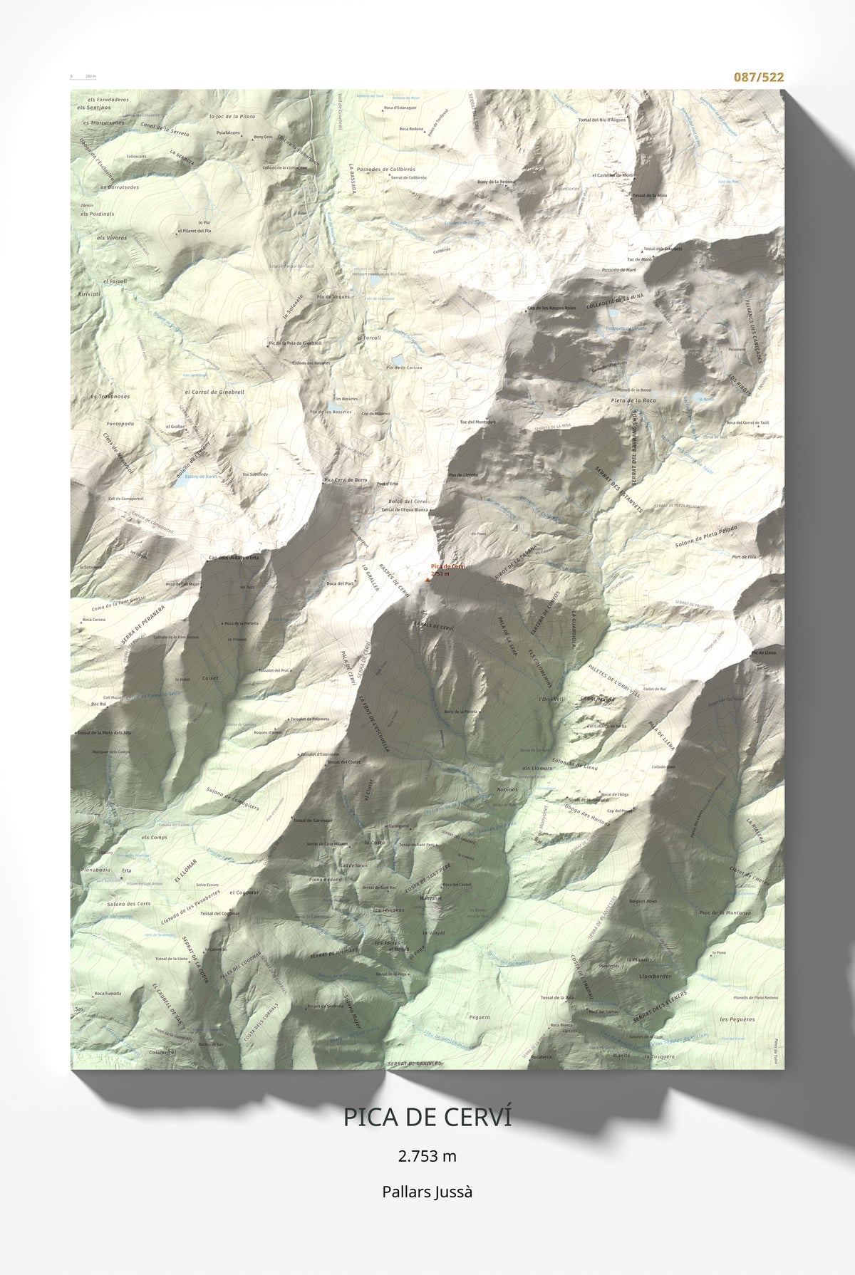 Mapa de relieve de Pica de Cerví, 2753 m, Pallars Jussà, lámina 100 Cims de Trobart 61 × 91 cm.