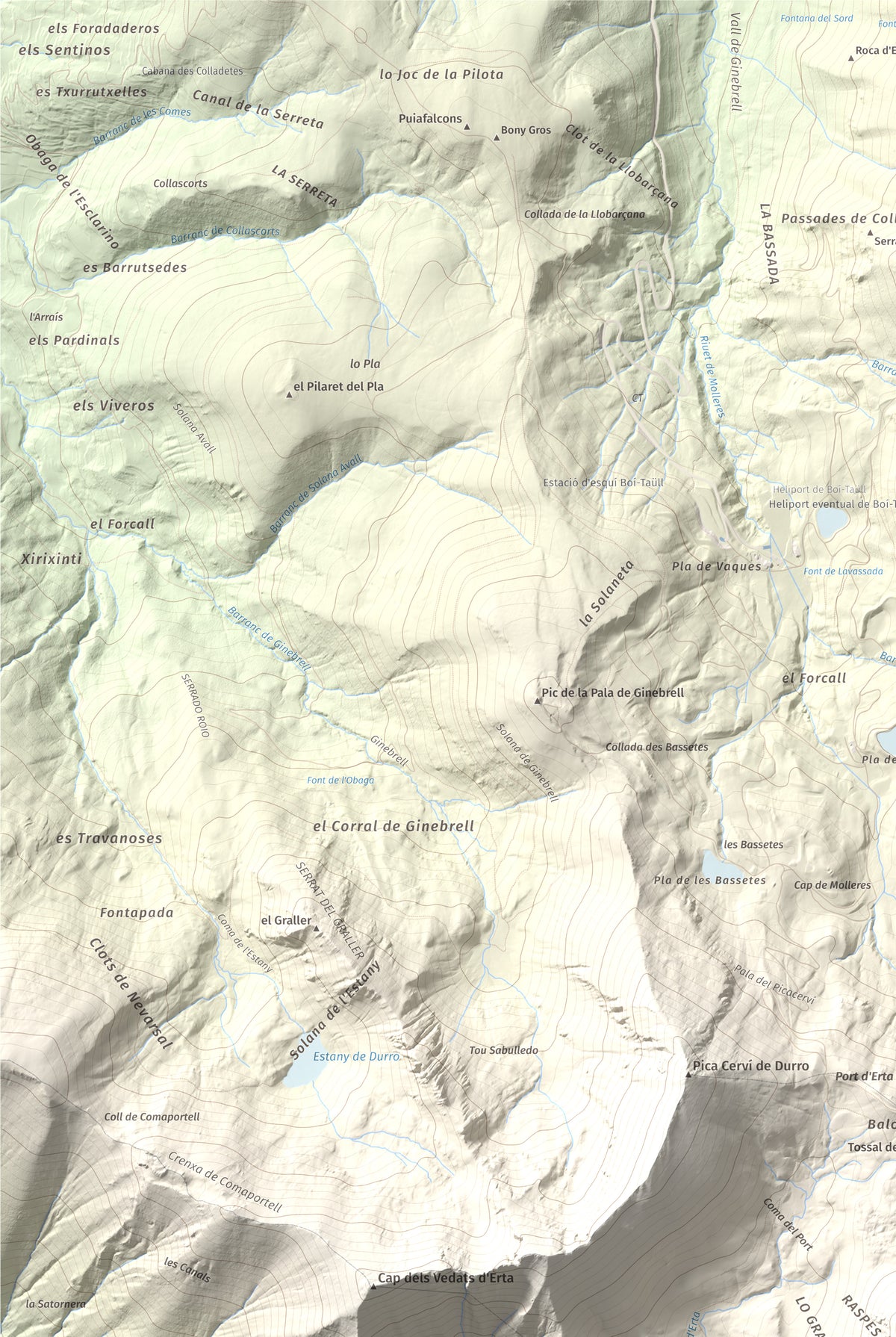 Mapa de relieve de Pica de Cerví, 2753 m, Pallars Jussà, lámina 100 Cims de Trobart. Detalle de la zona superior izquierda. 61 × 91 cm.