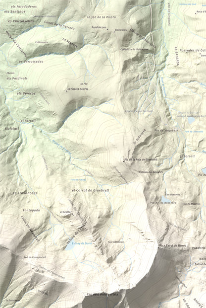 Mapa de relieve de Pica de Cerví, 2753 m, Pallars Jussà, lámina 100 Cims de Trobart. Detalle de la zona superior izquierda. 61 × 91 cm.