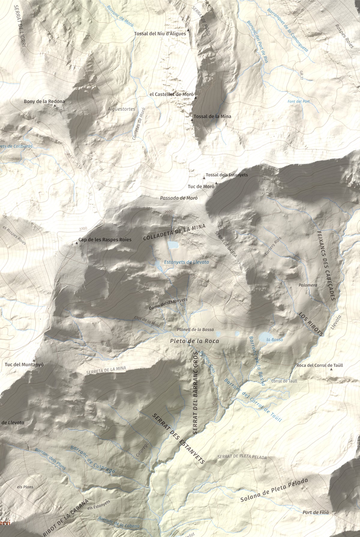 Mapa de relieve de Pica de Cerví, 2753 m, Pallars Jussà, lámina 100 Cims de Trobart. Detalle de la zona superior derecha. 61 × 91 cm.