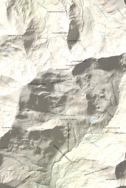 Mapa de relieve de Pica de Cerví, 2753 m, Pallars Jussà, lámina 100 Cims de Trobart. Detalle de la zona superior derecha. 61 × 91 cm.