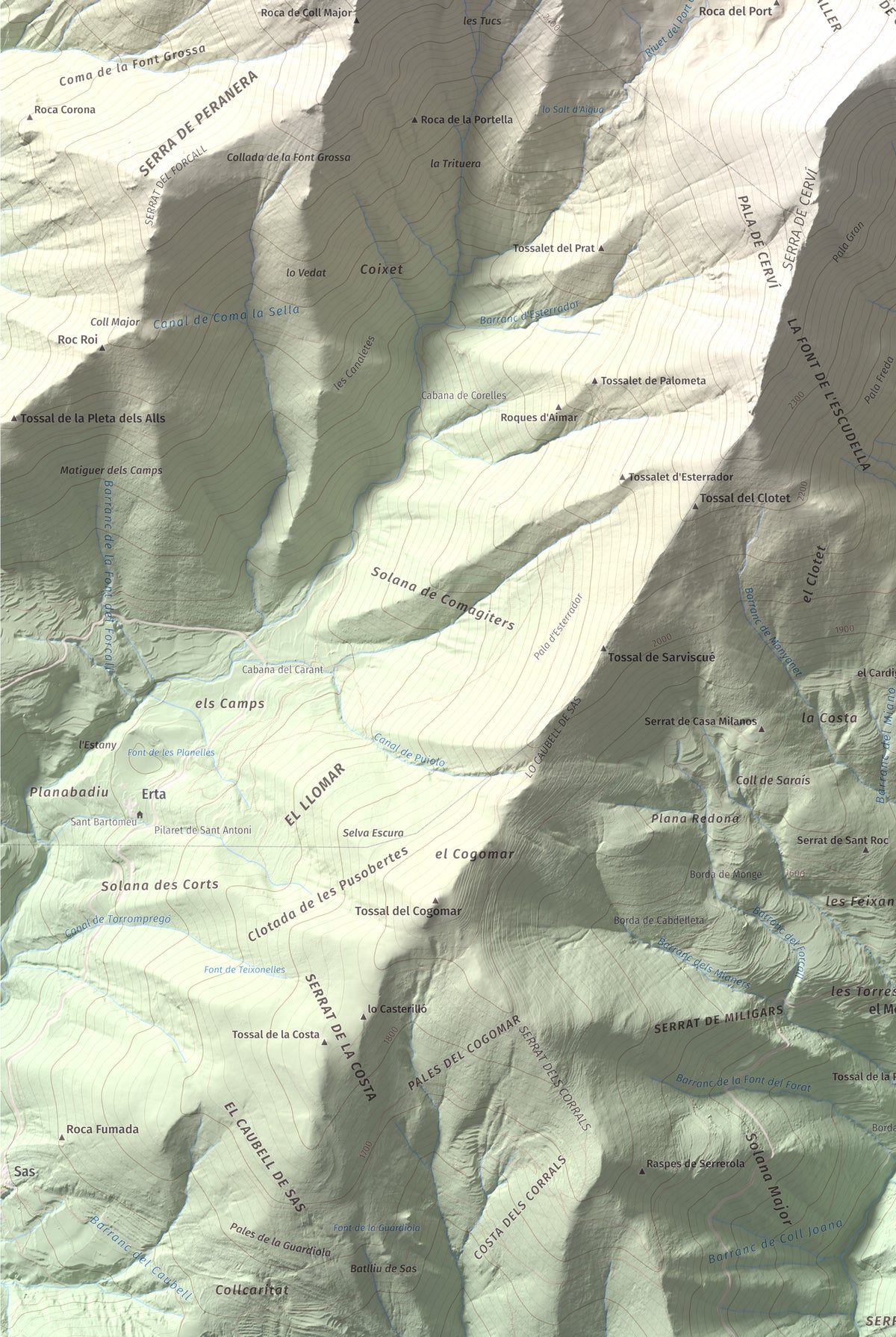Mapa de relieve de Pica de Cerví, 2753 m, Pallars Jussà, lámina 100 Cims de Trobart. Detalle de la zona inferior izquierda. 61 × 91 cm.