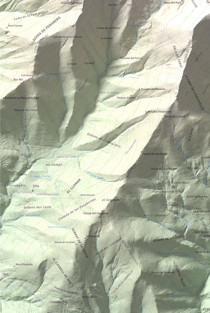 Mapa de relieve de Pica de Cerví, 2753 m, Pallars Jussà, lámina 100 Cims de Trobart. Detalle de la zona inferior izquierda. 61 × 91 cm.