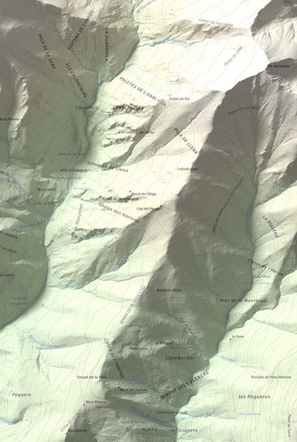 Mapa de relieve de Pica de Cerví, 2753 m, Pallars Jussà, lámina 100 Cims de Trobart. Detalle de la zona inferior derecha. 61 × 91 cm.