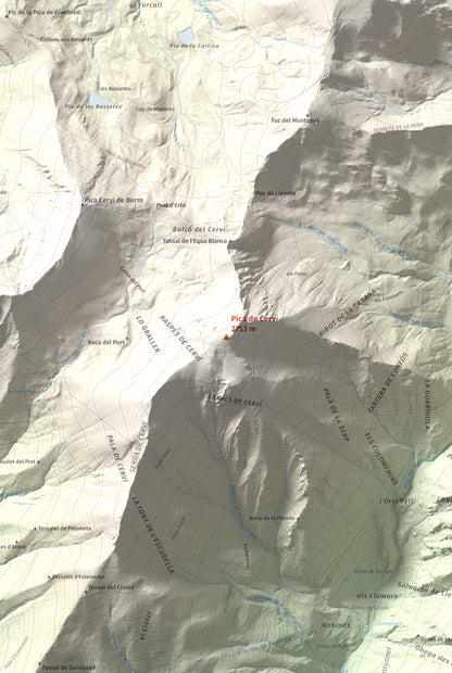 Mapa de relieve de Pica de Cerví, 2753 m, Pallars Jussà, lámina 100 Cims de Trobart. Detalle de la zona central. 61 × 91 cm.