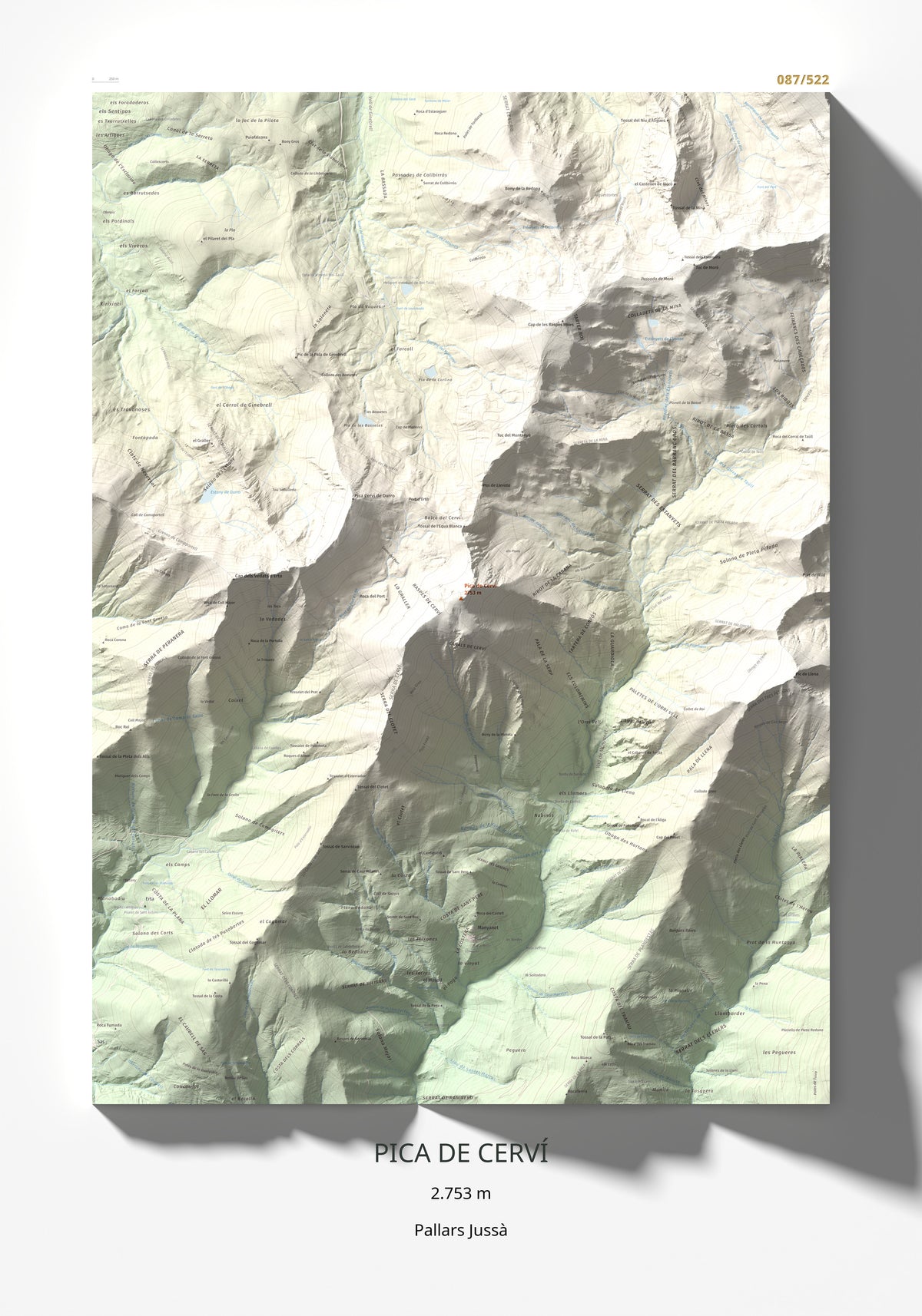 Mapa de relieve de Pica de Cerví, 2753 m, Pallars Jussà, lámina 100 Cims de Trobart 70 × 100 cm.