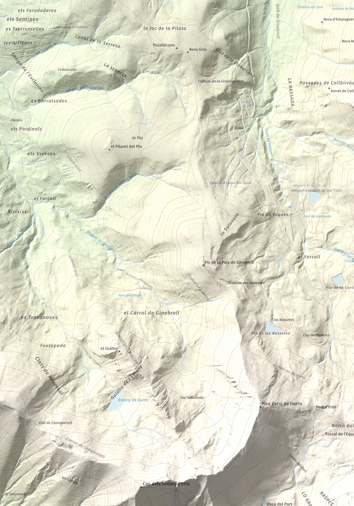 Mapa de relieve de Pica de Cerví, 2753 m, Pallars Jussà, lámina 100 Cims de Trobart. Detalle de la zona superior izquierda. 70 × 100 cm.