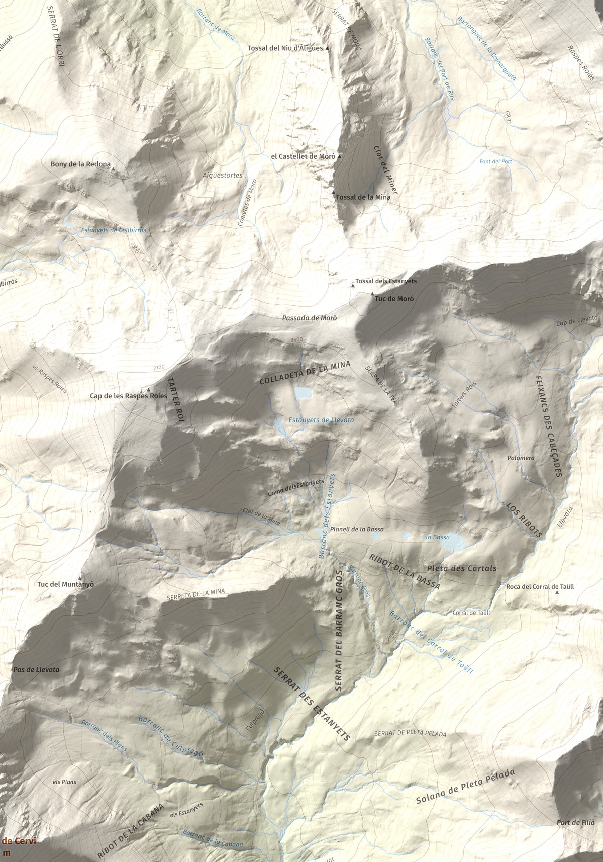 Mapa de relieve de Pica de Cerví, 2753 m, Pallars Jussà, lámina 100 Cims de Trobart. Detalle de la zona superior derecha. 70 × 100 cm.