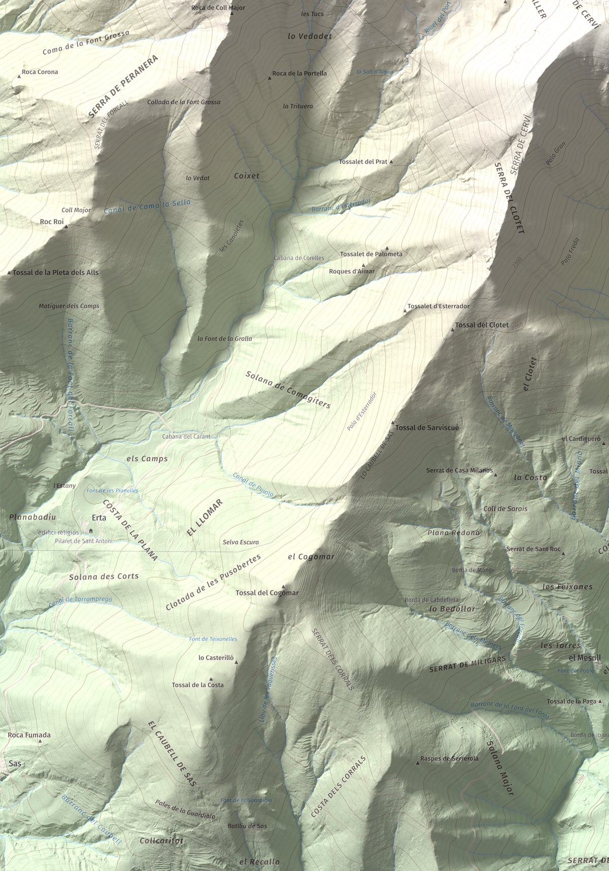 Mapa de relieve de Pica de Cerví, 2753 m, Pallars Jussà, lámina 100 Cims de Trobart. Detalle de la zona inferior izquierda. 70 × 100 cm.