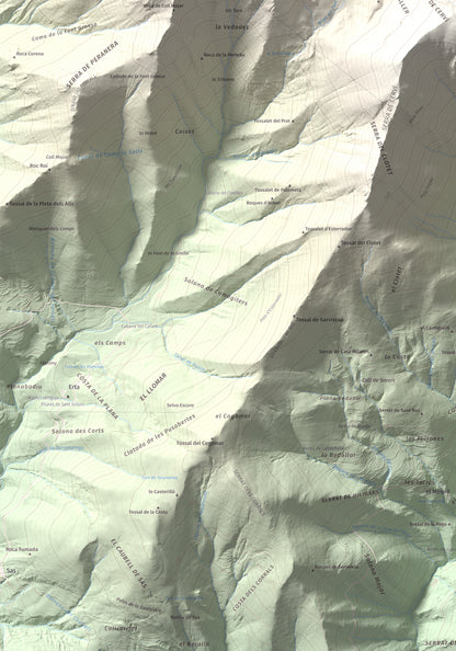Mapa de relieve de Pica de Cerví, 2753 m, Pallars Jussà, lámina 100 Cims de Trobart. Detalle de la zona inferior izquierda. 70 × 100 cm.