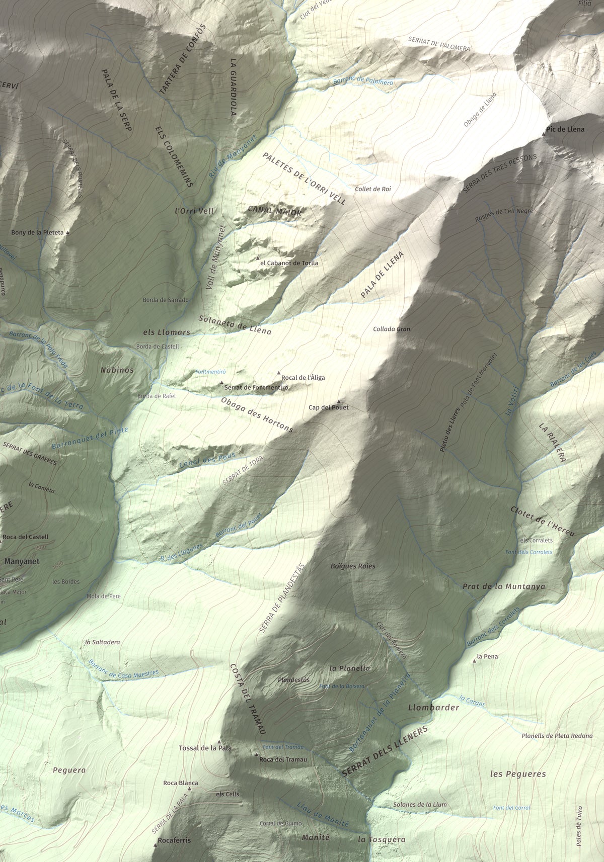 Mapa de relieve de Pica de Cerví, 2753 m, Pallars Jussà, lámina 100 Cims de Trobart. Detalle de la zona inferior derecha. 70 × 100 cm.