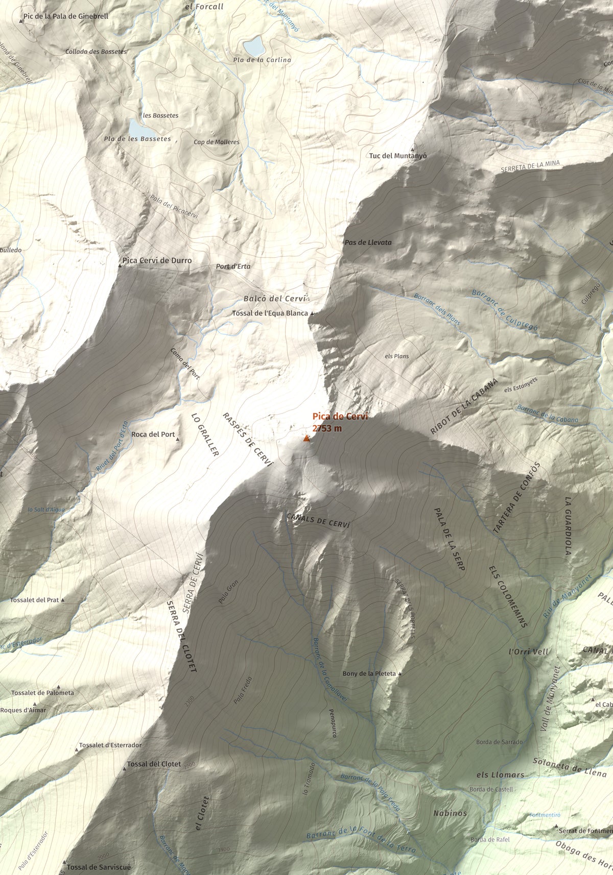 Mapa de relieve de Pica de Cerví, 2753 m, Pallars Jussà, lámina 100 Cims de Trobart. Detalle de la zona central. 70 × 100 cm.