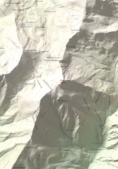 Mapa de relieve de Pica de Cerví, 2753 m, Pallars Jussà, lámina 100 Cims de Trobart. Detalle de la zona central. 70 × 100 cm.