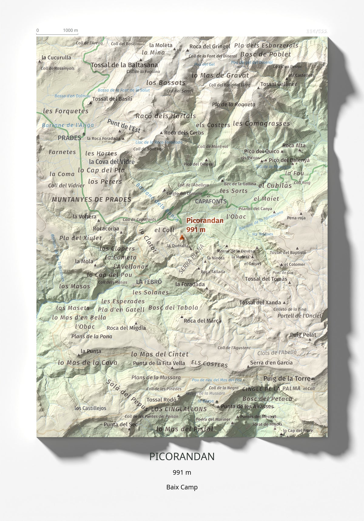 Mapa de relieve de Picorandan, 991 m, Baix Camp, lámina 100 Cims de Trobart 21 × 30 cm.