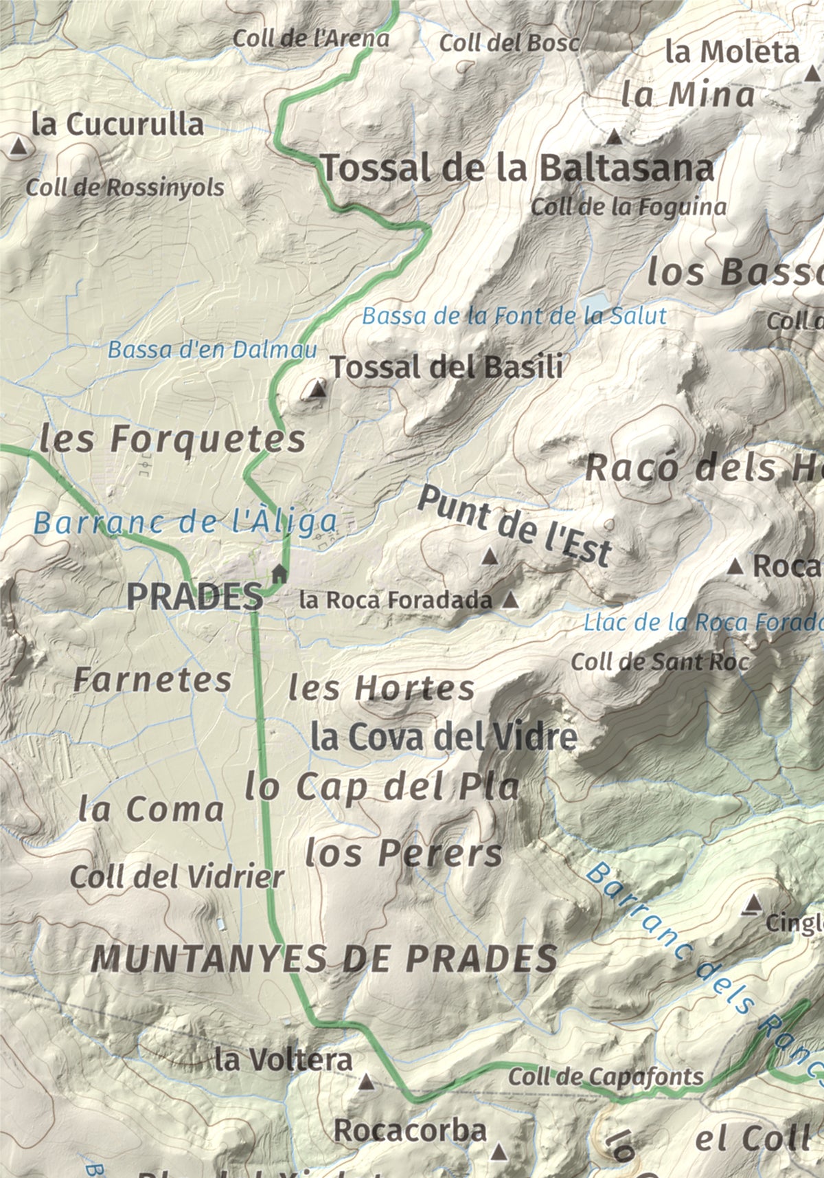 Mapa de relieve de Picorandan, 991 m, Baix Camp, lámina 100 Cims de Trobart. Detalle de la zona superior izquierda. 21 × 30 cm.