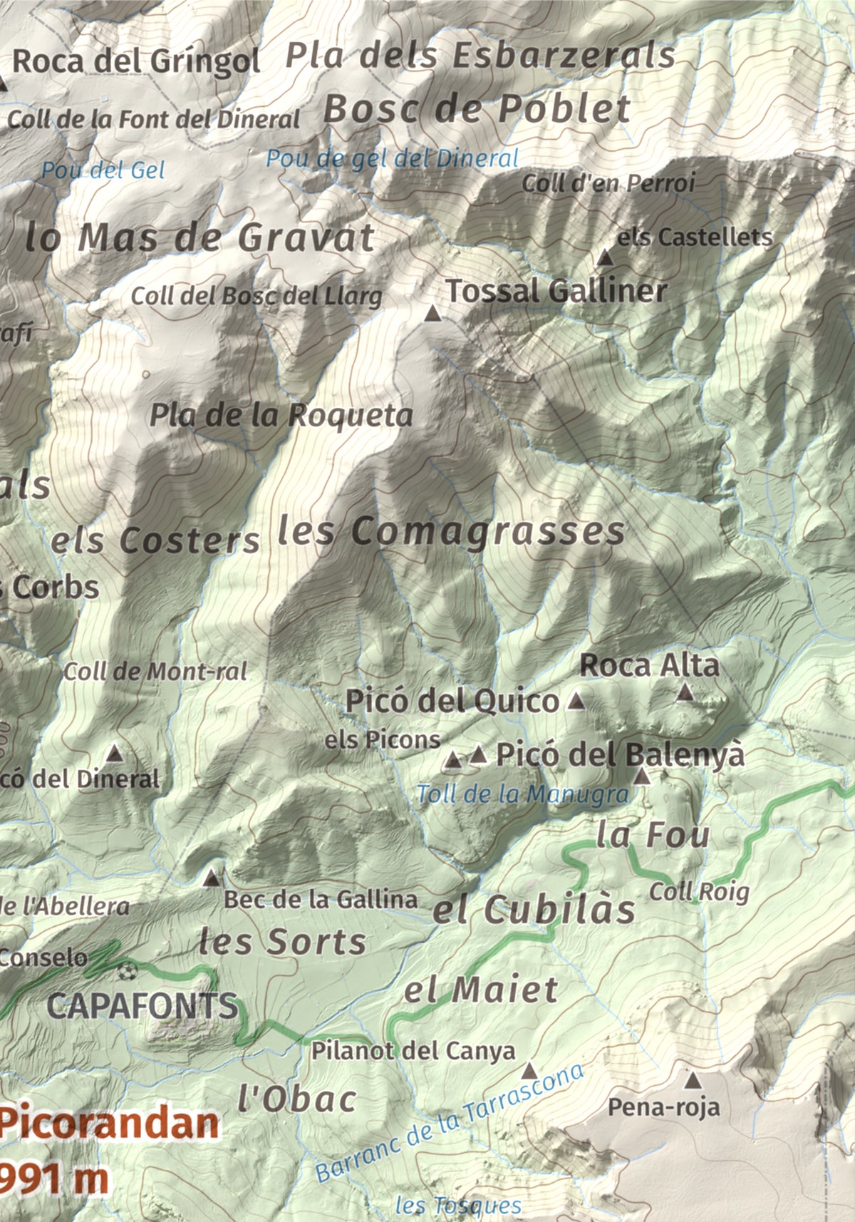 Mapa de relieve de Picorandan, 991 m, Baix Camp, lámina 100 Cims de Trobart. Detalle de la zona superior derecha. 21 × 30 cm.