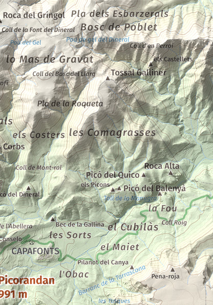 Mapa de relieve de Picorandan, 991 m, Baix Camp, lámina 100 Cims de Trobart. Detalle de la zona superior derecha. 21 × 30 cm.