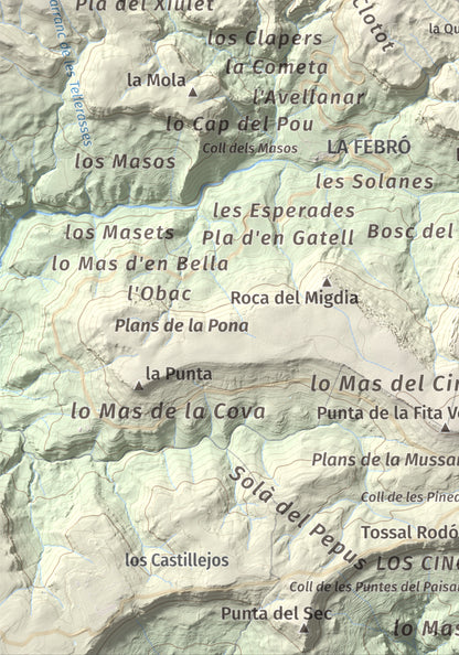 Mapa de relieve de Picorandan, 991 m, Baix Camp, lámina 100 Cims de Trobart. Detalle de la zona inferior izquierda. 21 × 30 cm.