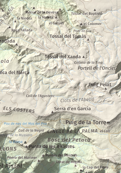 Mapa de relieve de Picorandan, 991 m, Baix Camp, lámina 100 Cims de Trobart. Detalle de la zona inferior derecha. 21 × 30 cm.