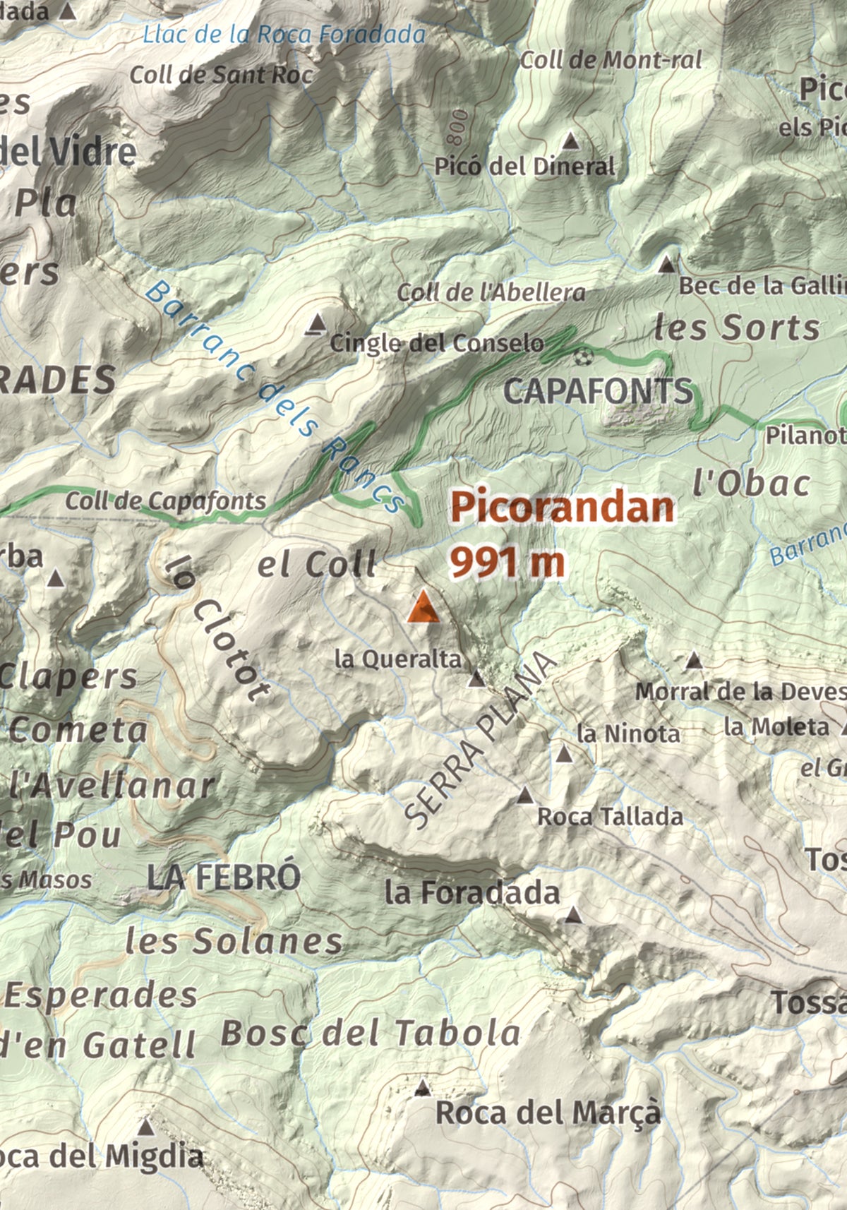 Mapa de relieve de Picorandan, 991 m, Baix Camp, lámina 100 Cims de Trobart. Detalle de la zona central. 21 × 30 cm.