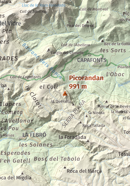 Mapa de relieve de Picorandan, 991 m, Baix Camp, lámina 100 Cims de Trobart. Detalle de la zona central. 21 × 30 cm.