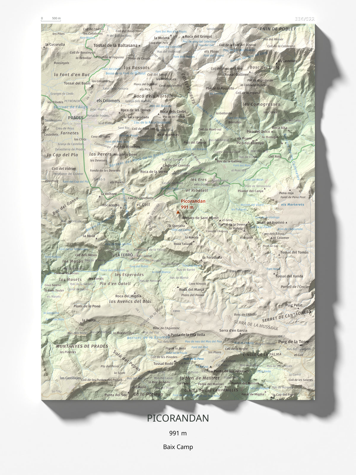 Mapa de relieve de Picorandan, 991 m, Baix Camp, lámina 100 Cims de Trobart 30 × 40 cm.