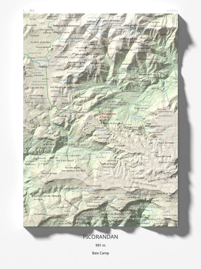 Mapa de relieve de Picorandan, 991 m, Baix Camp, lámina 100 Cims de Trobart 30 × 40 cm.