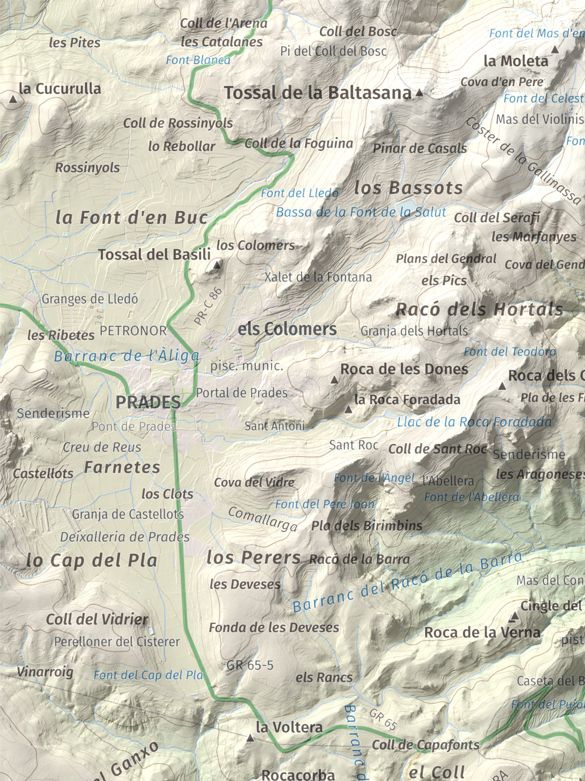 Mapa de relieve de Picorandan, 991 m, Baix Camp, lámina 100 Cims de Trobart. Detalle de la zona superior izquierda. 30 × 40 cm.