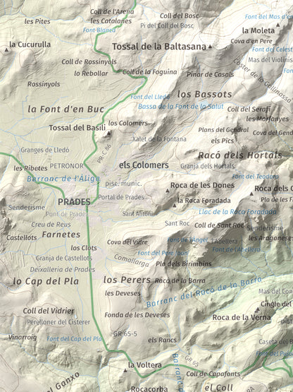 Mapa de relieve de Picorandan, 991 m, Baix Camp, lámina 100 Cims de Trobart. Detalle de la zona superior izquierda. 30 × 40 cm.