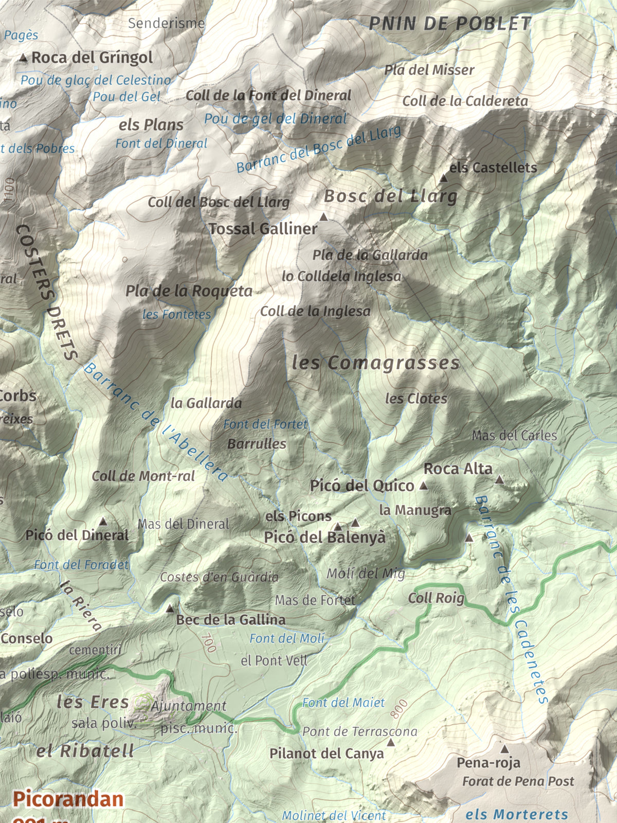 Mapa de relieve de Picorandan, 991 m, Baix Camp, lámina 100 Cims de Trobart. Detalle de la zona superior derecha. 30 × 40 cm.
